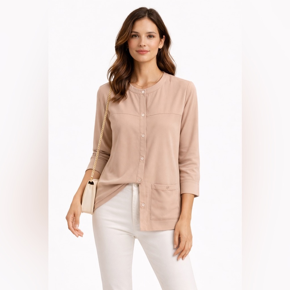 Anne Carson Silk Button Front Blouse Size Small Beige